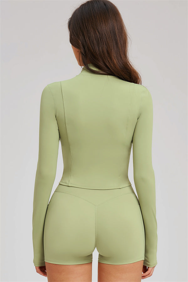 Plush Fashion Hub Sizzle 3-piece zip jacket, sports bra, and shorts set, shown in a stylish athletic ensemble for active wear.