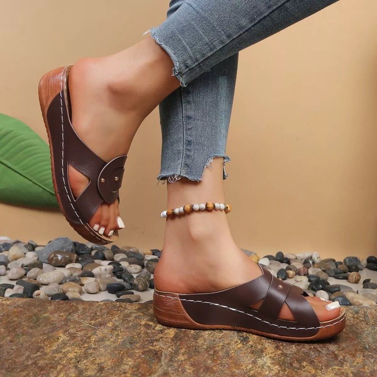 Open toe wedge sandals by Shopimist featuring a stylish design with a comfortable platform and ankle straps.