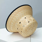 Plush Fashion Hub classic straw sun hat with elegant contrast trim, perfect for summer outdoor sun protection and stylish wear.