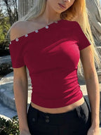 Women's fitted one-shoulder T-shirt with button accents from Trendsi, featuring a sleek design and casual style.