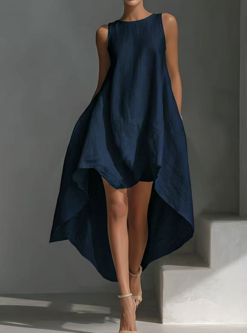 Women's sleeveless high-low linen blend summer dress with irregular hem, casualwear by Plush Fashion Hub, shown on a hanger.