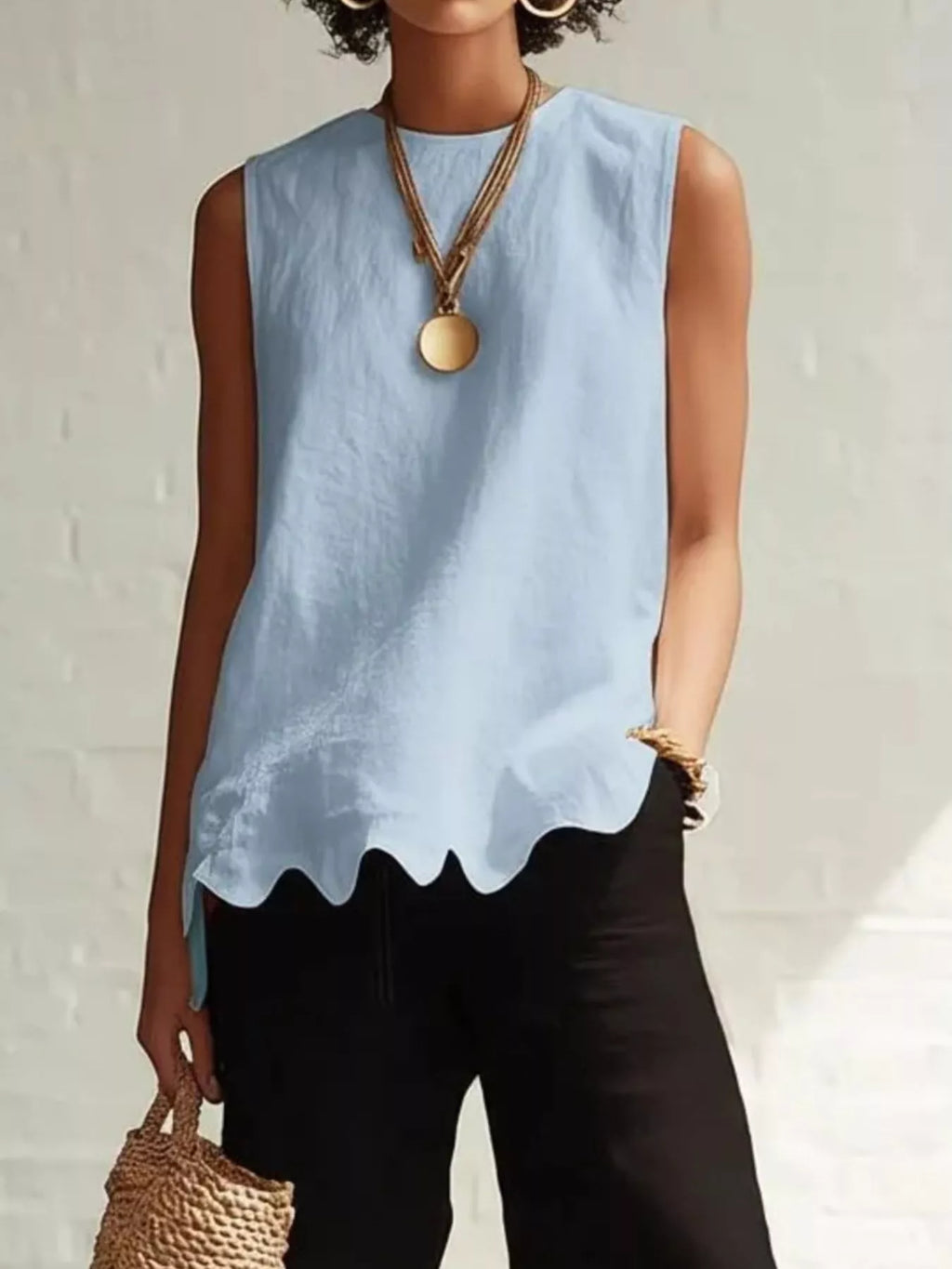 Plus size sleeveless tank top with scalloped hem by Shopimist, showcasing a fitted style and lightweight fabric.