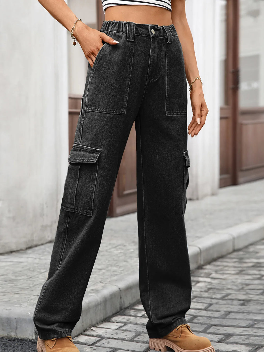 High-waisted plush denim cargo jeans from Plush Fashion Shop, showing front view with pockets and distressed details.