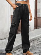 High-waisted plush denim cargo jeans from Plush Fashion Shop, showing front view with pockets and distressed details.