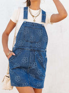 VYSN flower print wide strap denim overall dress with pockets, casual fashion clothing for women, featuring adjustable straps and front pockets.