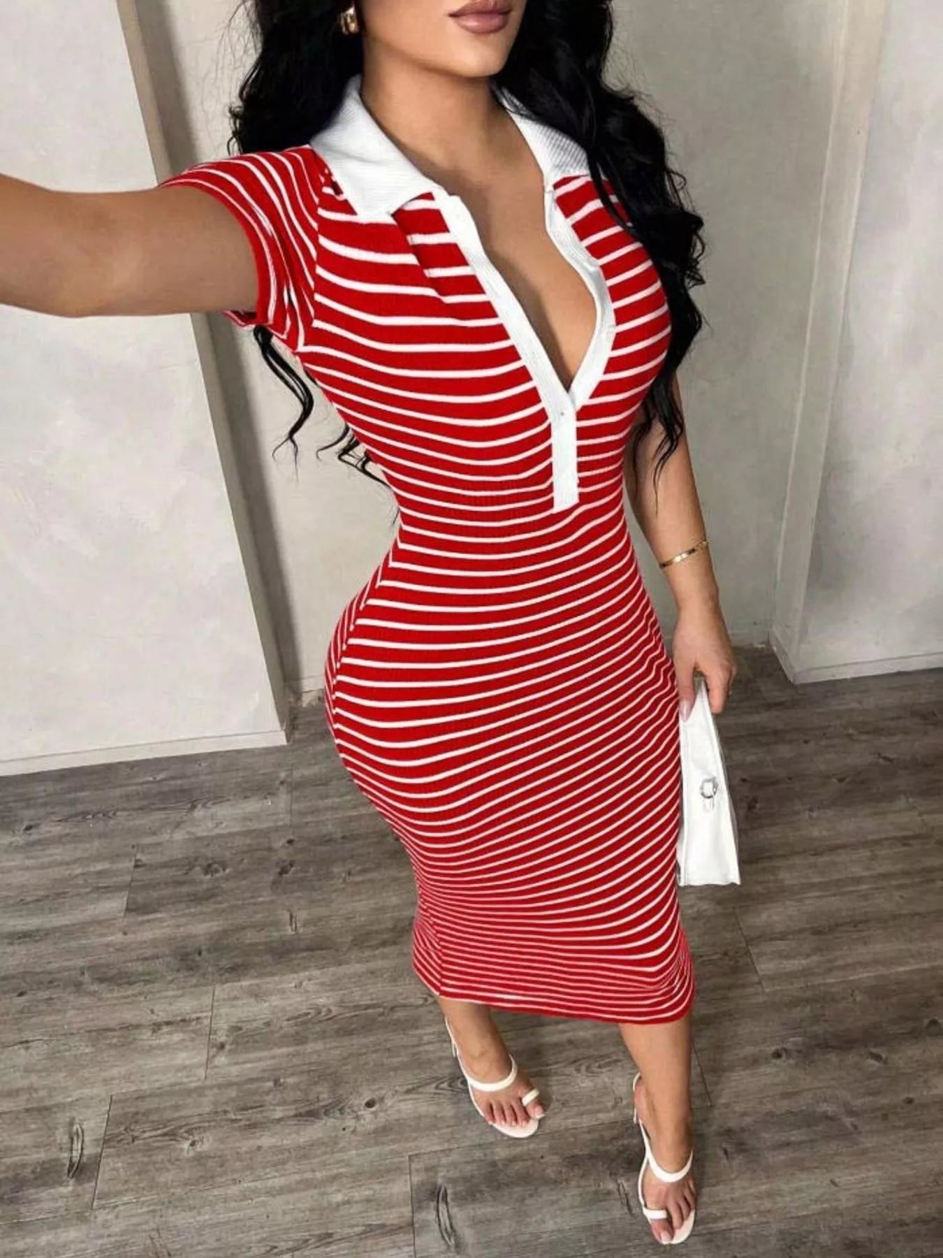 Striped polo collar midi dress by Shopimist featuring a fitted silhouette and bold horizontal stripes.