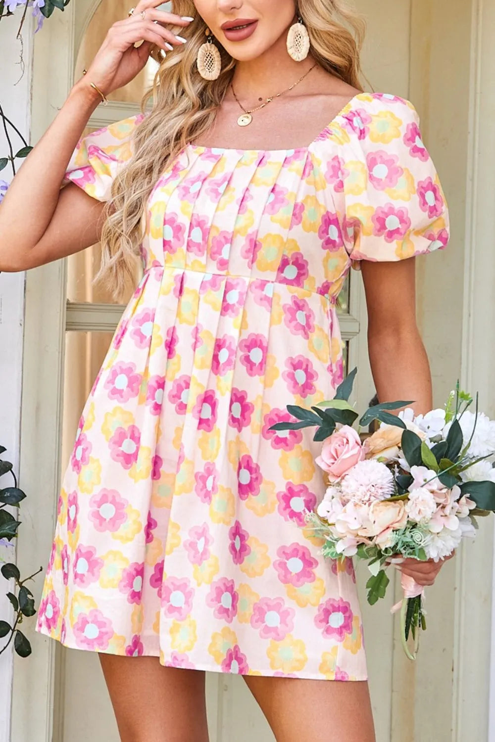 Floral square neck puff sleeve cotton midi dress with pleated flared skirt by Plush Fashion Hub, showcasing its elegant design and fabric.