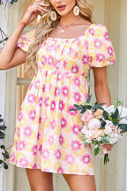 Floral square neck puff sleeve cotton midi dress with pleated flared skirt by Plush Fashion Hub, showcasing its elegant design and fabric.