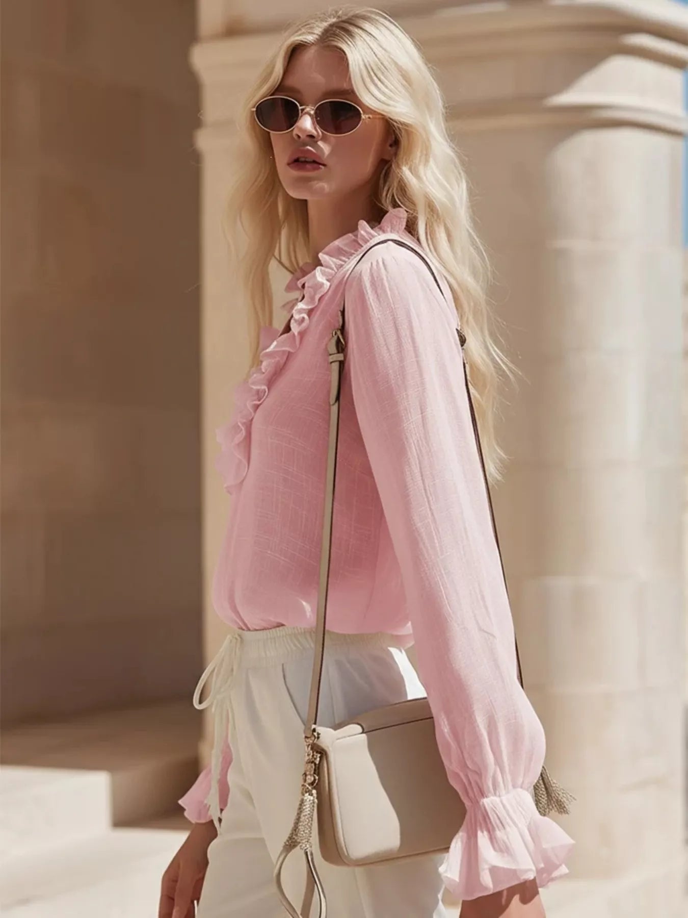 Ruffled v-neck long sleeve blouse by Plush Fashion Hub with feminine ruffle details and classic V-neck design.