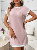 Ribbed knit mini dress with contrast trim and functional pocket, stylish and fitted, by Trendsi.