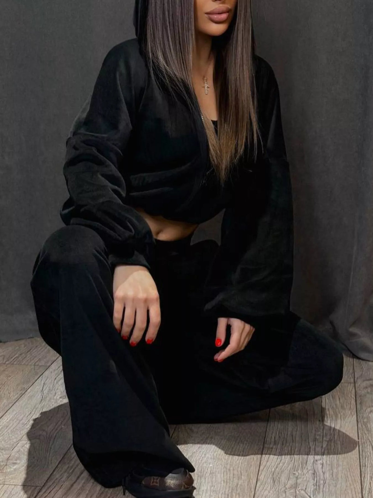 Plush Fashion Hub zip-up cropped outerwear and pants set, featuring a stylish coordinated matching top and bottom in a casual design.