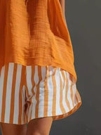 Shopimist round neck tank top with striped shorts set, featuring a casual, stylish look perfect for summer wear.