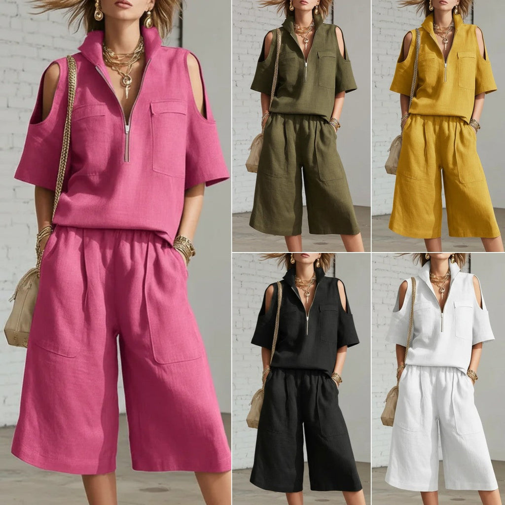 Casual two-piece set from Plush Fashion Hub with short-sleeve shirt and loose shorts in lightweight fabric, perfect for relaxed wear.