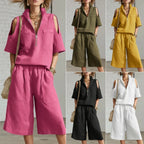 Casual two-piece set from Plush Fashion Hub with short-sleeve shirt and loose shorts in lightweight fabric, perfect for relaxed wear.