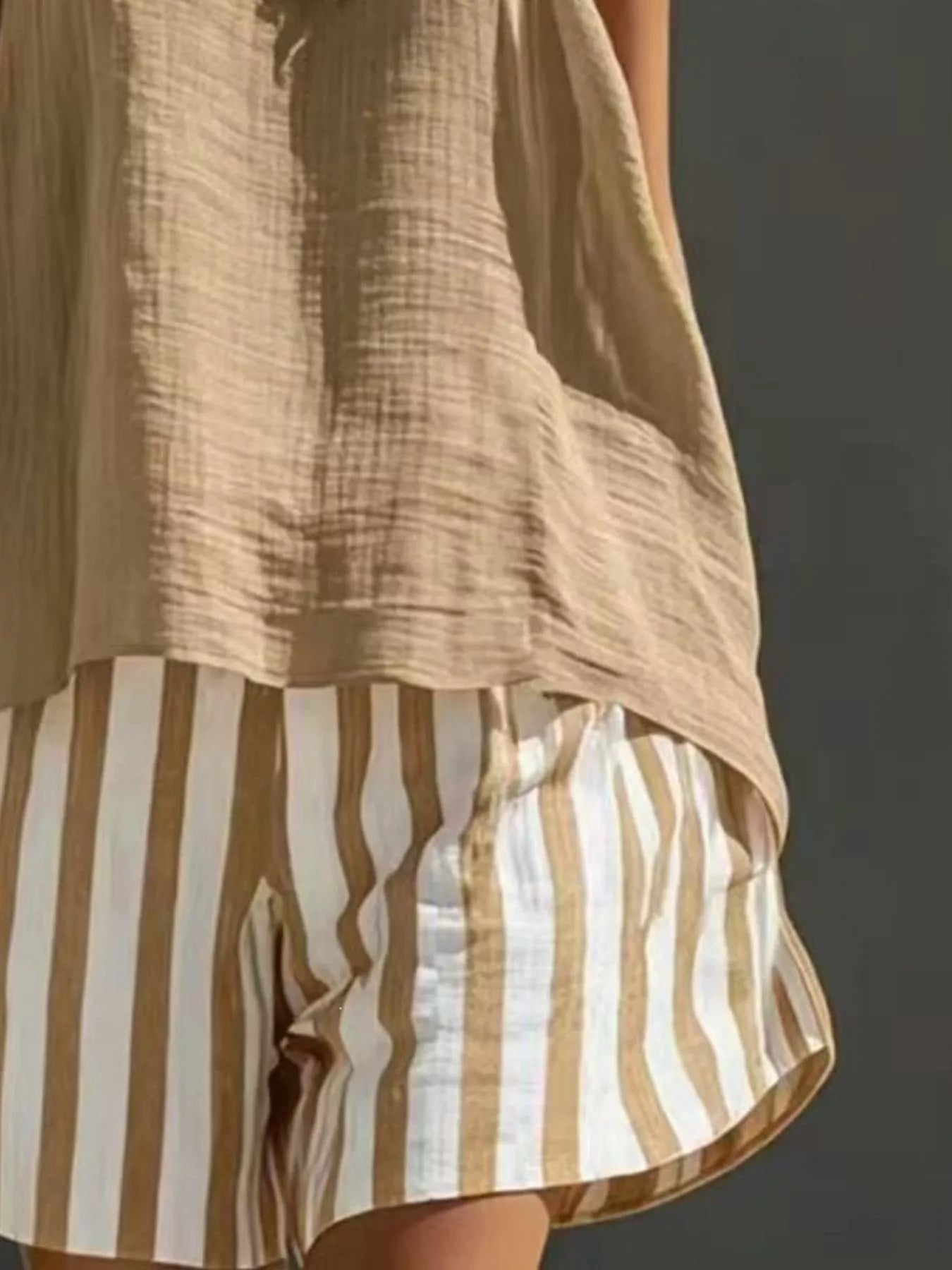 Shopimist round neck tank top and striped shorts set, casual summer outfit, featuring a fitted tank and comfortable striped shorts.