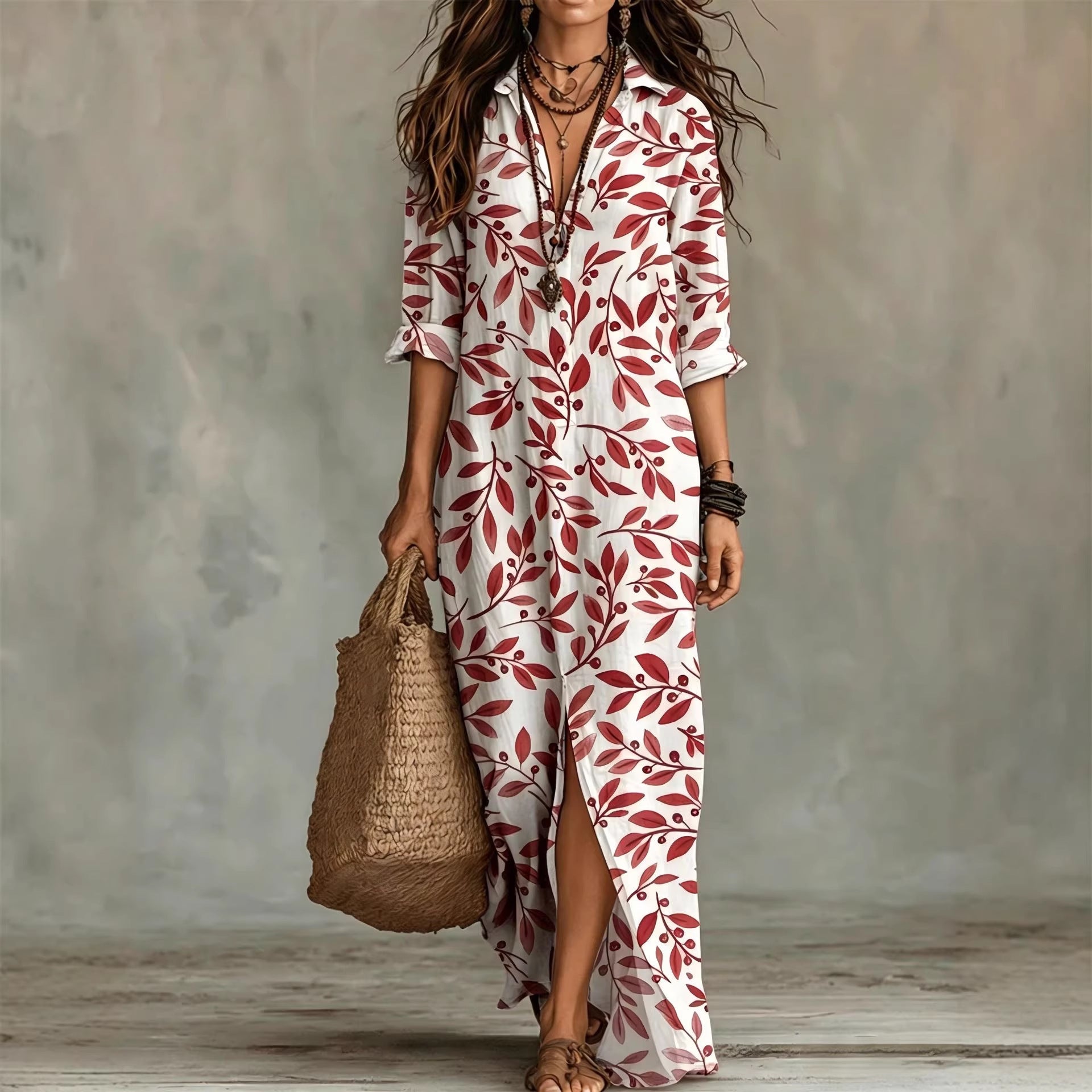 Digital print lapel midi shirt dress by FitiqueFit in casualwear, available in 5 colors, featuring a button-front design and relaxed fit.