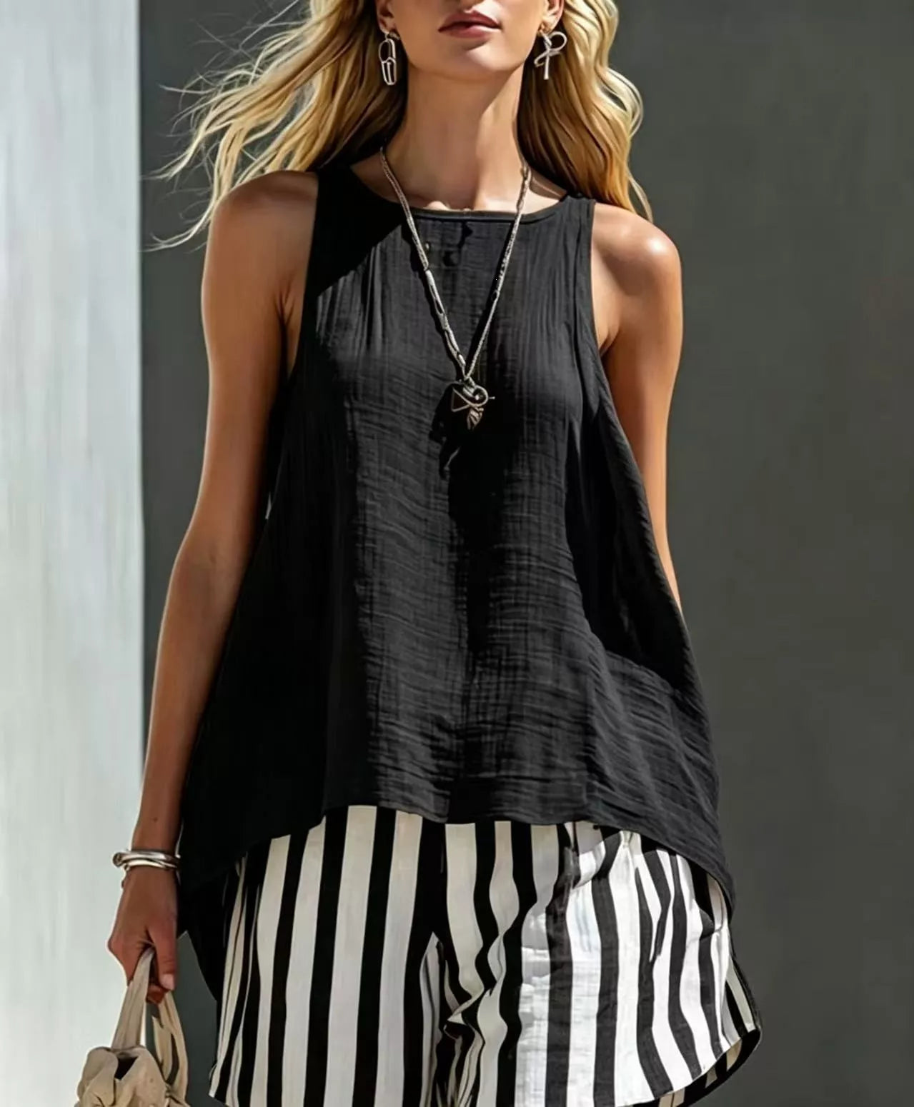 Plush Fashion Hub two-piece set with a round neck tank top and striped shorts, made from soft plush fabric.