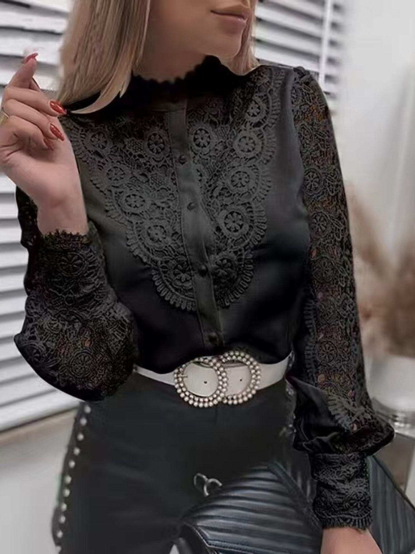 Elegant lace detail long sleeve button-down shirt by Trendsi, perfect for sophisticated office wear, featuring delicate lace accents.