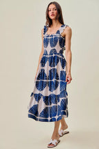 SO ME Abstract Print Smocked Bodice Tiered Lined Midi Dress