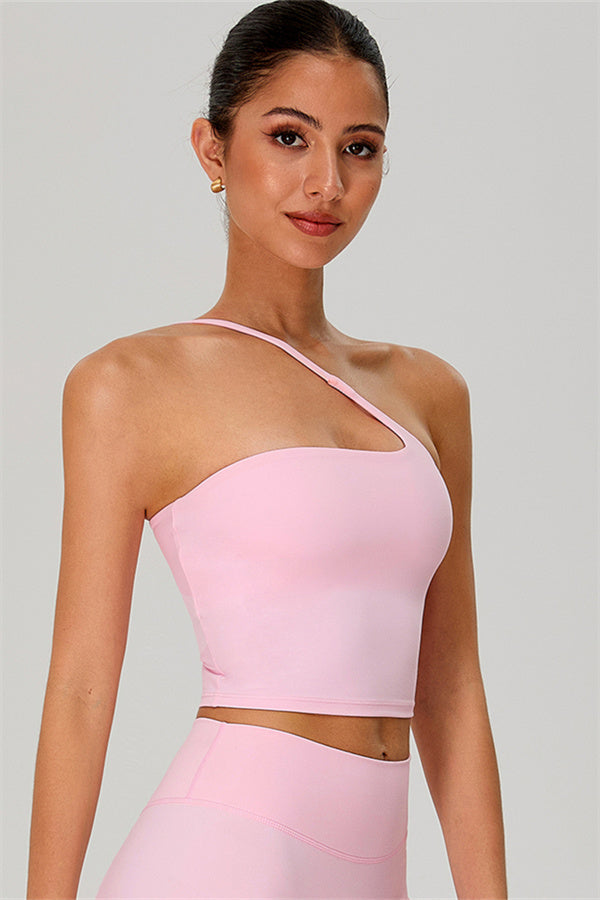 Fitglutes Activewear one-shoulder crop top and matching shorts 2-piece set, ideal for gym and workout sessions.