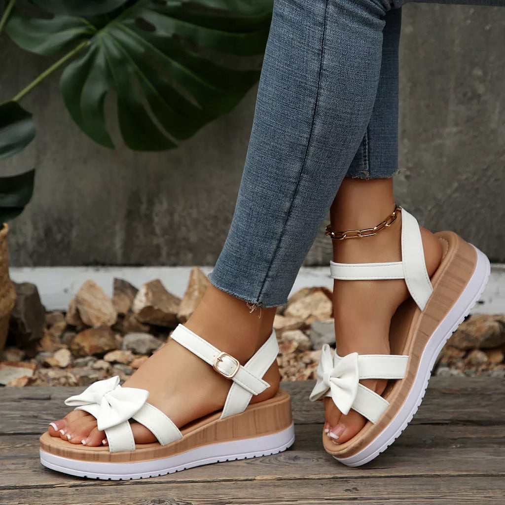 Shopimist bow open toe wedge sandals with stylish straps and a comfortable wedge heel, perfect for summer wear.