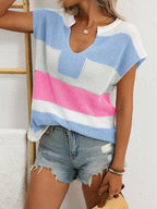 Women's striped notched neck short sleeve knit sweater by Trendsi, casual chic top featuring horizontal stripes and a notched neckline.