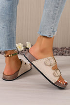 Leah Buckle faux suede slippers by Threaded Pear featuring buckle accents and soft, comfortable slip-on design.