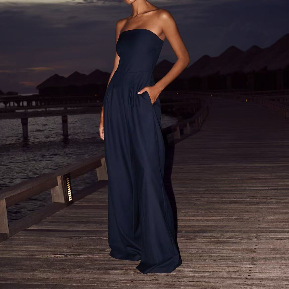 Backless loose tube-top jumpsuit with wide-leg long pants, stylish women's overalls in fashionable design.