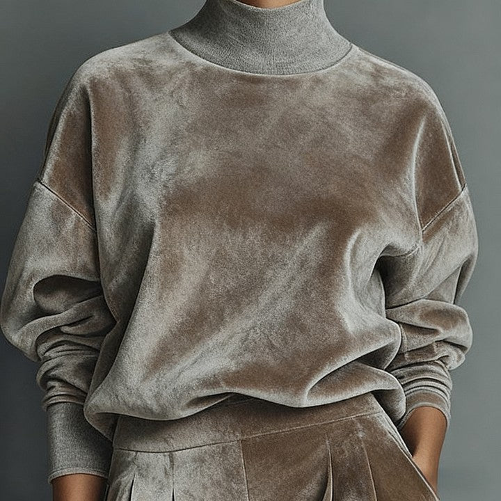 Plush Fashion Hub casual velour long-sleeved high-neck zipper sportswear with wide-leg design in solid color, suitable for warm, relaxed wear.