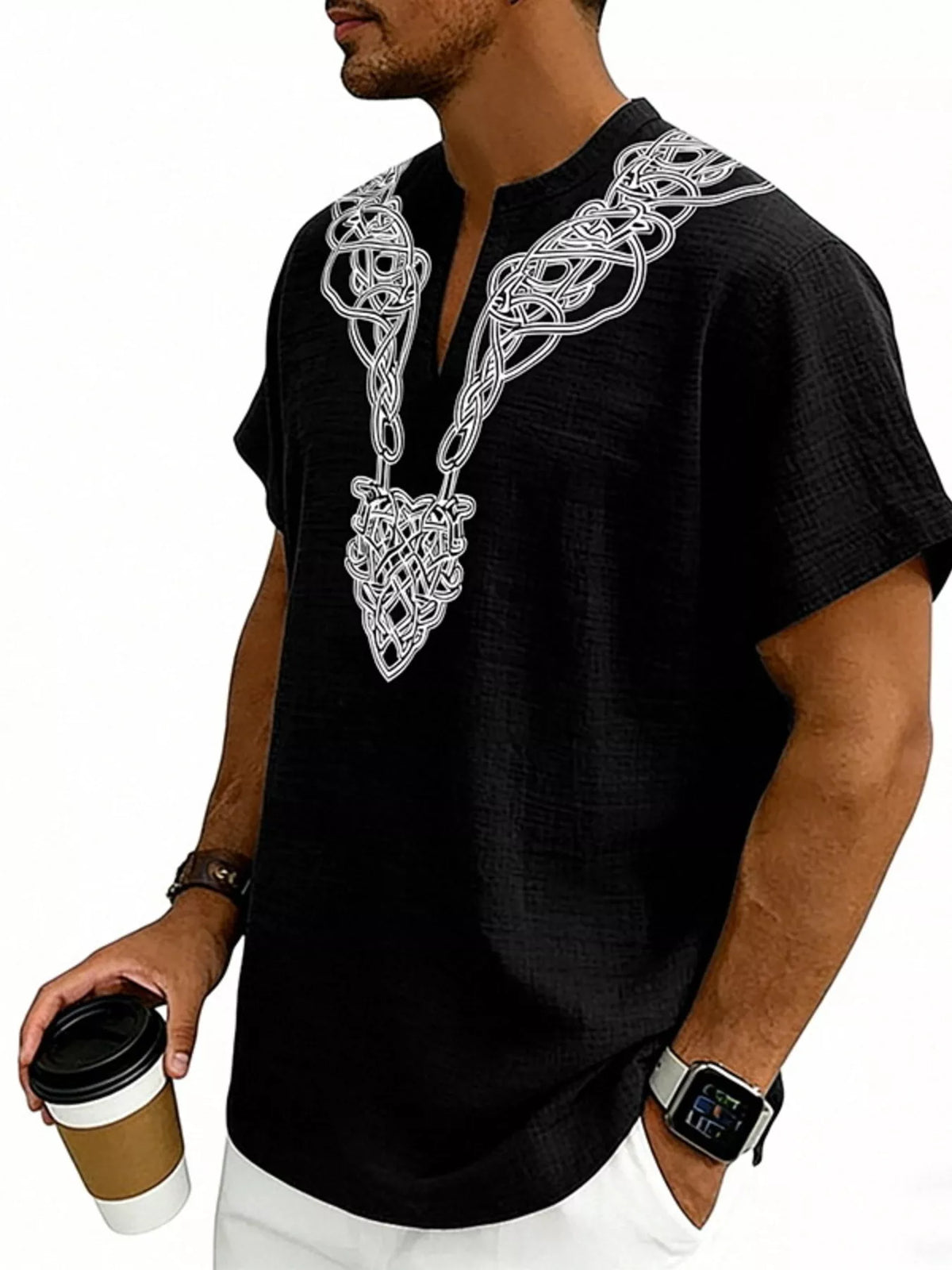 Men's plus size printed short sleeve blouse with notched collar from Plush Fashion Hub, featuring a stylish, lightweight design.
