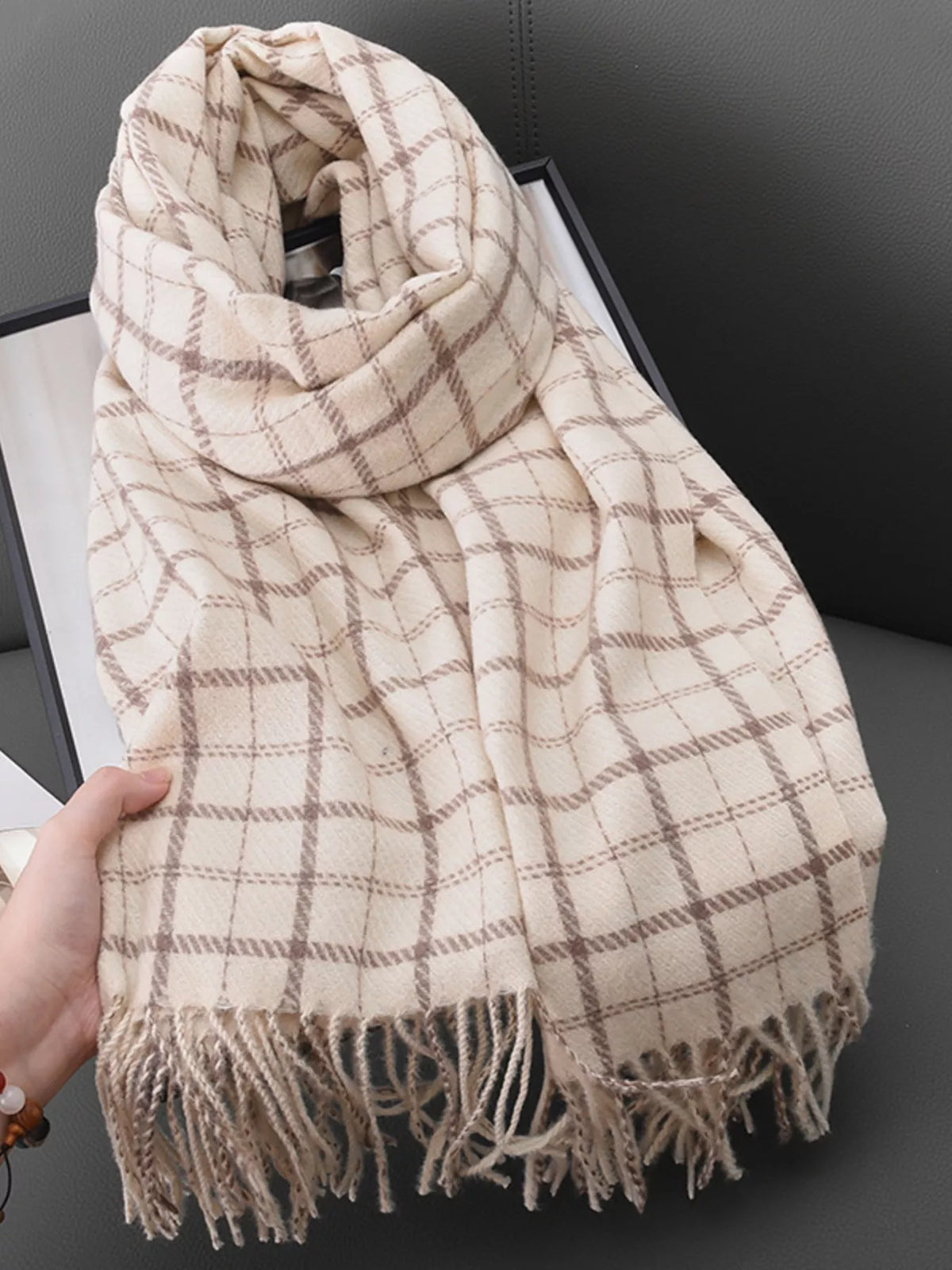 Simply Love classic plaid scarf with soft fabric and fringed edges, perfect for stylish winter accessories.