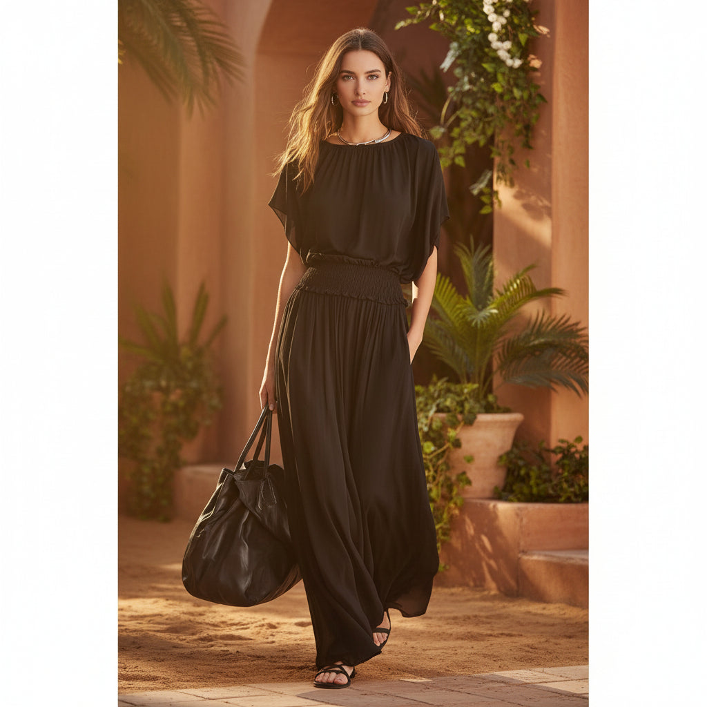 Women's chiffon high-waist ruched maxi dress by FitiqueFit, flowing fabric with ruching detail, full-length dress on a model.