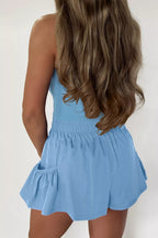 Ribbed slim tank top with pocket details paired with wide-leg shorts in a matching set from Plush Fashion Hub.