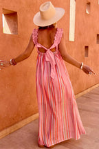 Stripe Ruffled Straps Ribbon Knot Flowy Vacation Maxi Dress