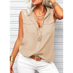 Women's sleeveless top with lapel collar, loose fit, solid color, featuring side pockets, from Plush Fashion Hub.