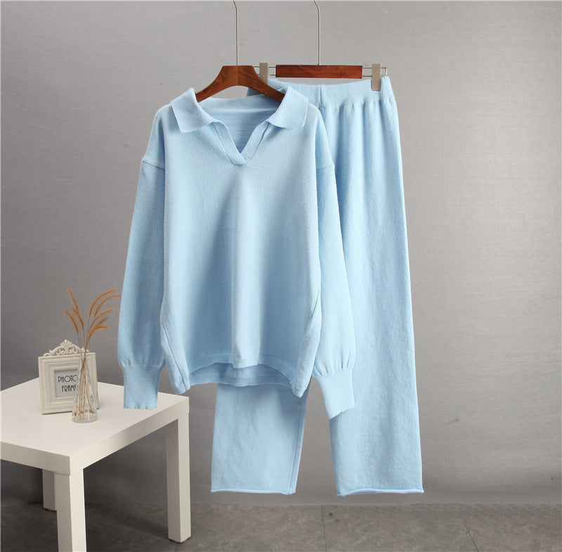 Solid color lapel sweater set for women by Plush Fashion Hub, casualwear with a cozy sweater and matching pants.