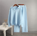 Solid color lapel sweater set for women by Plush Fashion Hub, casualwear with a cozy sweater and matching pants.