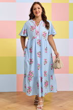Lucy Print Scalloped Trim Plus Size Maxi Dress by Threaded Pear, featuring a flowing silhouette with scalloped edges and vibrant floral print.
