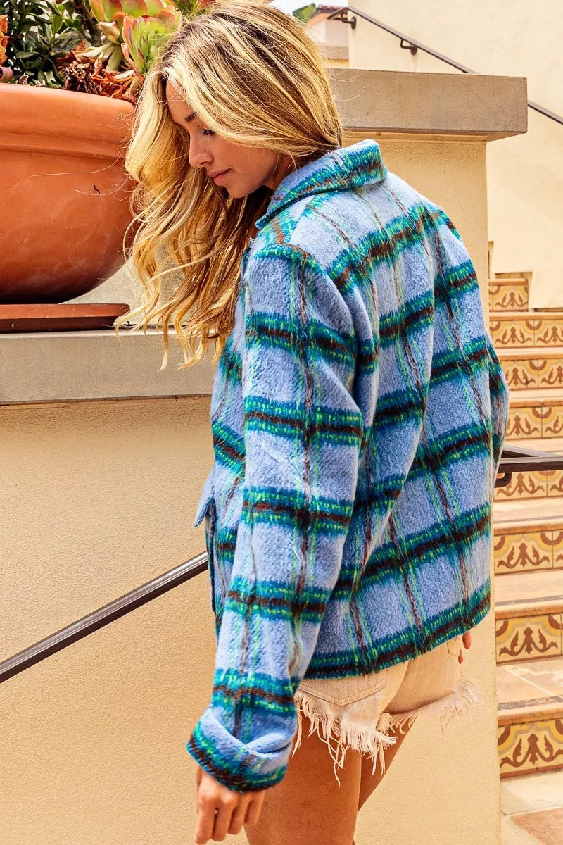 Shopimist BiBi brushed vintage plaid jacket with flap pockets, featuring a stylish retro-inspired design in classic plaid fabric.