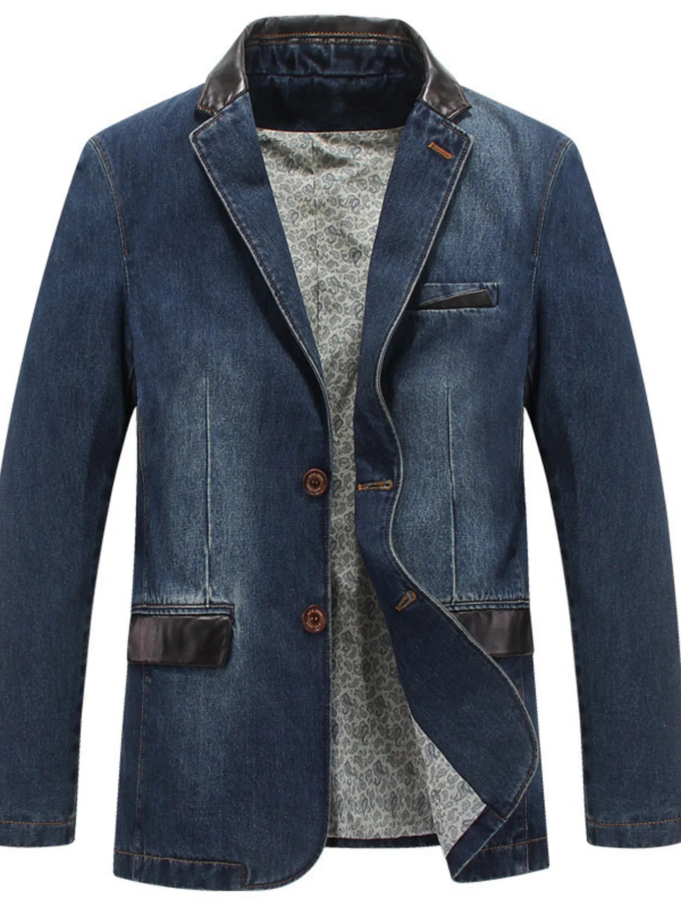 Plus size men's denim blazer with lapel collar and button-up front, stylish denim jacket by Plush Fashion Hub.