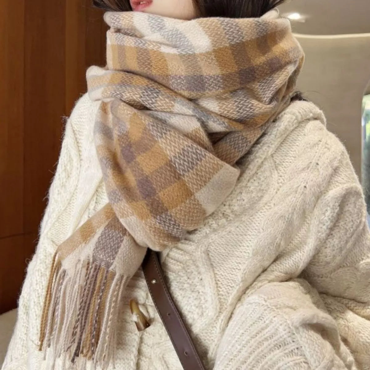 Warm plaid fringe scarf by Simply Love featuring cozy fabric and stylish fringe details for layered winter fashion.
