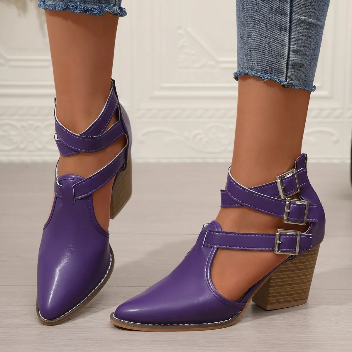 Women's point toe block heels sandals by Trendsi, featuring stylish open-toe design and chunky heel for a fashionable look.