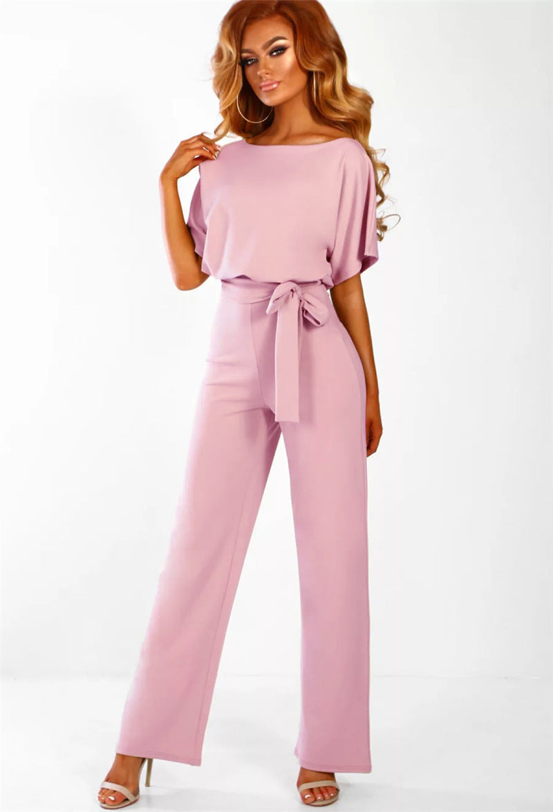 Plush Fashion Hub women's short-sleeve bodysuit jumpsuit with straight-leg design, including a strap and sleek clubwear style.