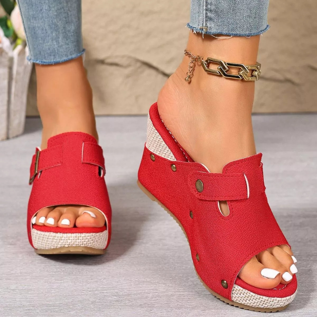 Open toe wedge sandals by Plush Fashion Hub featuring a stylish design and comfortable cork wedge heel.
