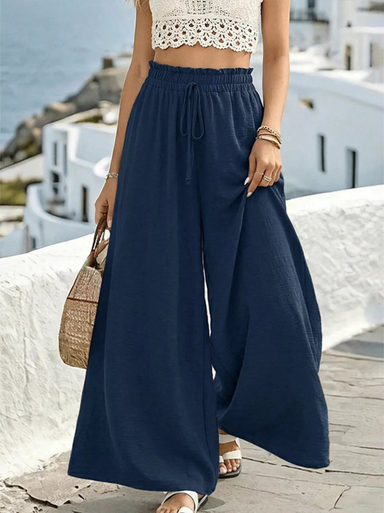 Shopimist wide leg drawstring pants with relaxed fit, featuring a comfortable waistband and flowing fabric.