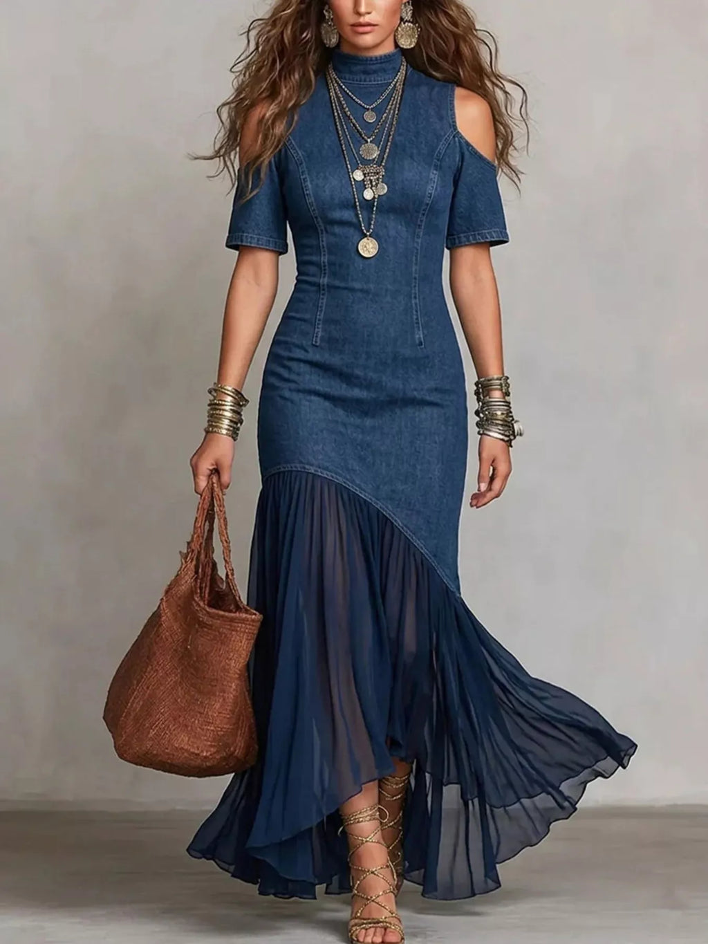 Shopimist mock neck cold shoulder maxi dress with ruffle hem, flowy design, and elegant style for summer or special occasions.