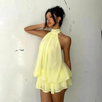 Women's Chiffon Halter Mini Dress – High-Waist Open-Back A-Line Dress