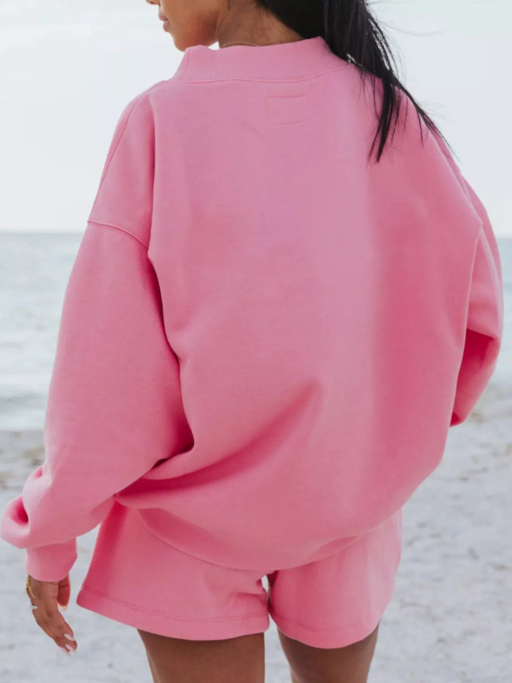 Plush Fashion Hub relaxed fit round neck sweatshirt and shorts set, casual 2-piece loungewear ensemble in soft fabric.