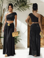 Plush Fashion Hub one-shoulder top and ruched maxi skirt set, stylish coordinated outfit with modern design and comfortable fit.