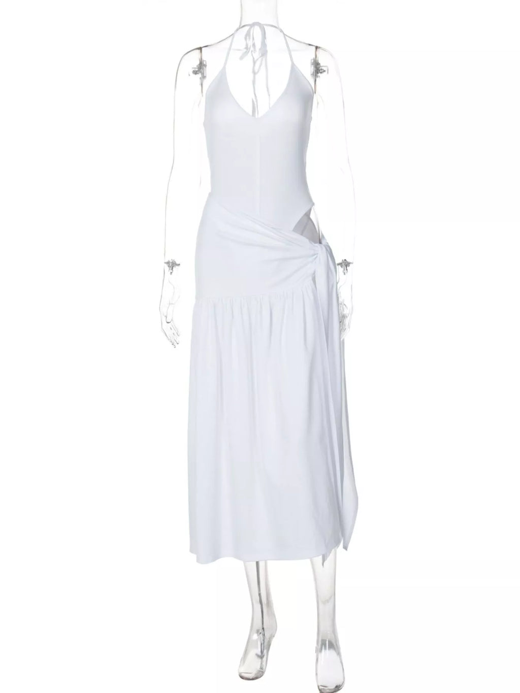 Halter neck ruched bodysuit and matching maxi skirt set by Shopimist, featuring fitted design and stylish ruching details.